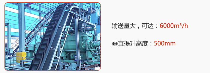 大傾角帶式輸送機輸送量大，可達：6000m3/h，垂直提升高度：500mm